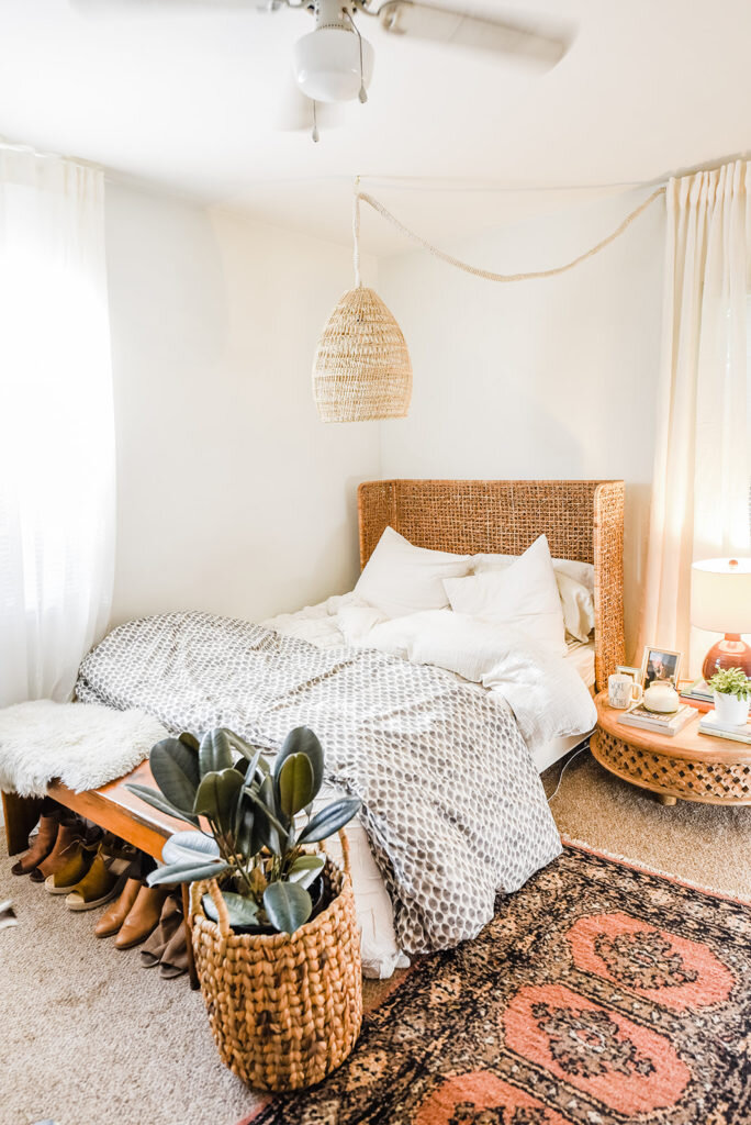 bohemian bedroom with plant atlanta interior photography