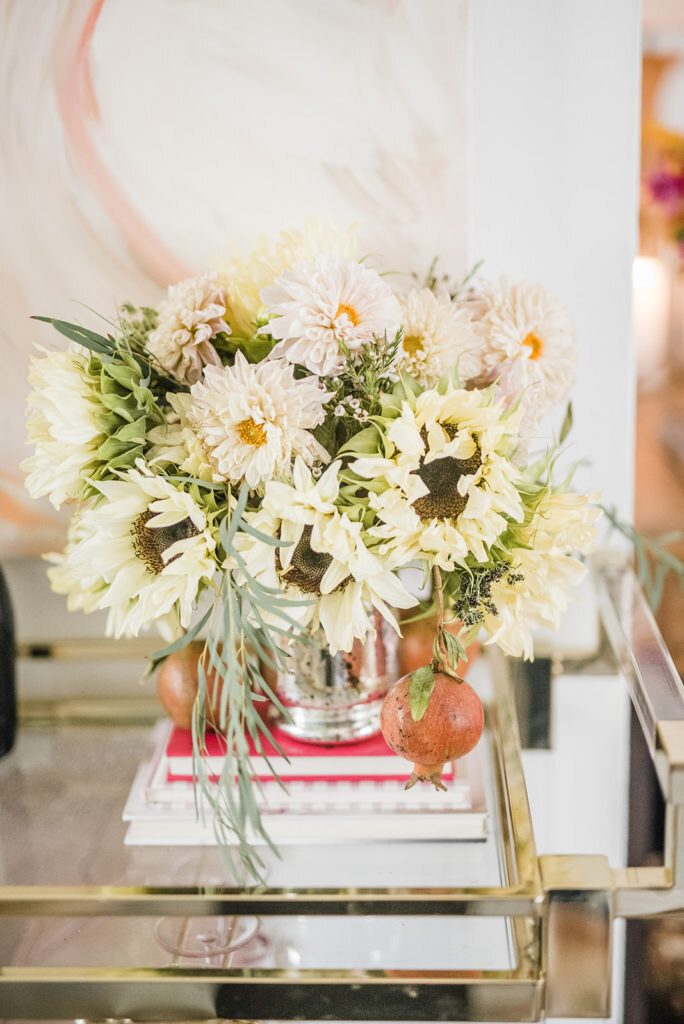 flower arrangement on bar cart atlanta interior photography