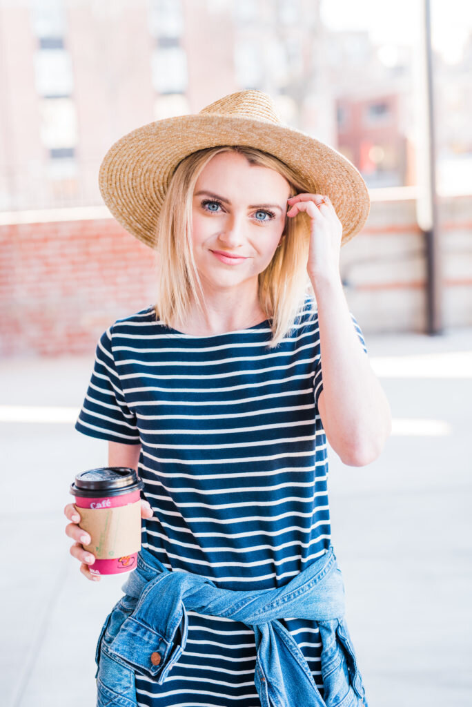 girl with coffee in hat atlanta brand photographer hannah lozano