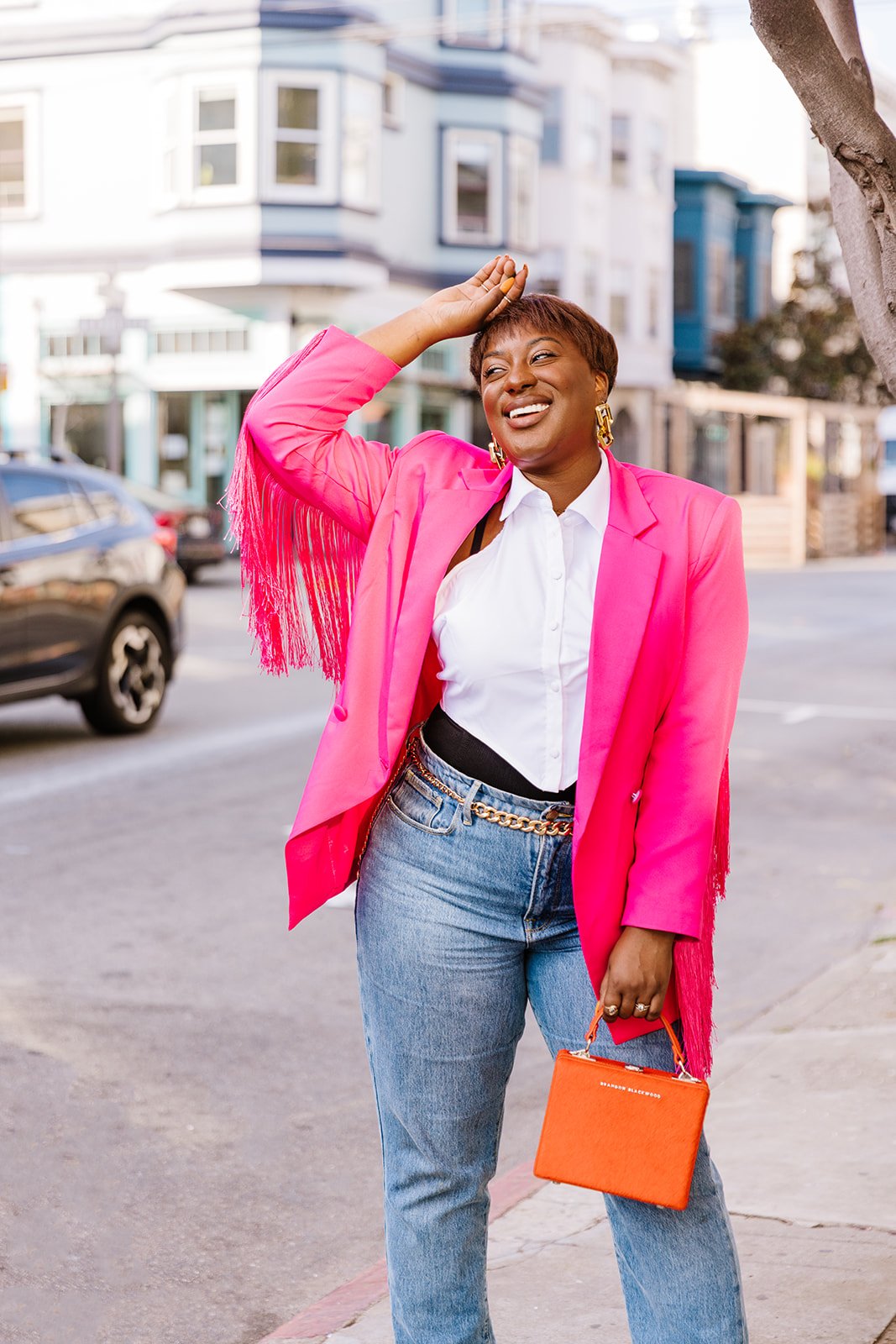 girl in pink blazer atlanta brand photographer