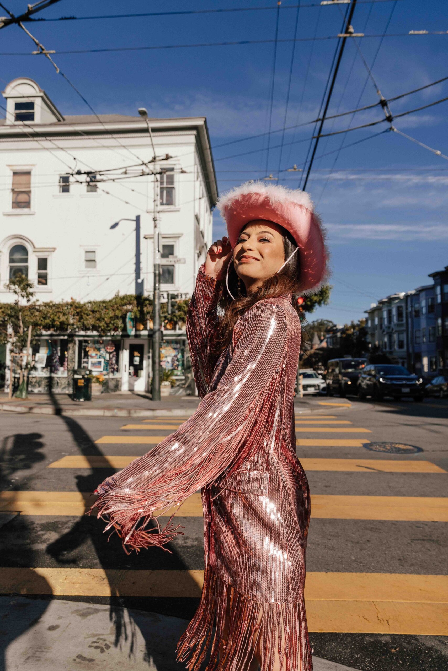 atlanta brand photographer girl in sparkle jacket with hat